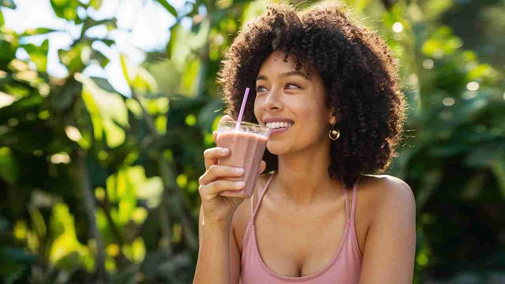 photorealistic image of woman enjoying a smoothie wNn6i3yBTIq7eArTl25edQ kX1MDPA6Ro2YG v8ekUOjw