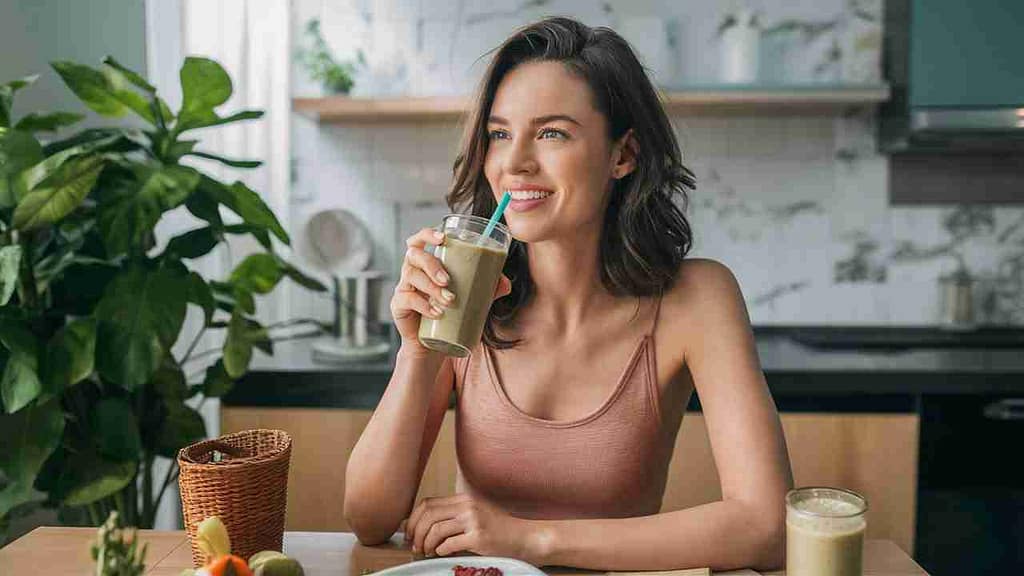 photorealistic image of woman enjoying a smoothie ytY6al4MS0aM YX3G32t7w kX1MDPA6Ro2YG v8ekUOjw