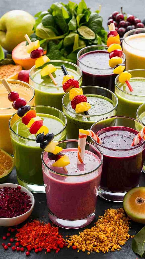 several varieties of smoothies with fruit and veggies