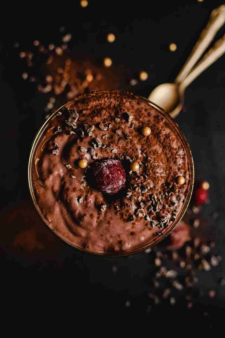 photo of chocolate smoothie with raspberry on top